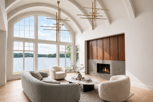 Living Room rendering; Lake views and privacy abound.