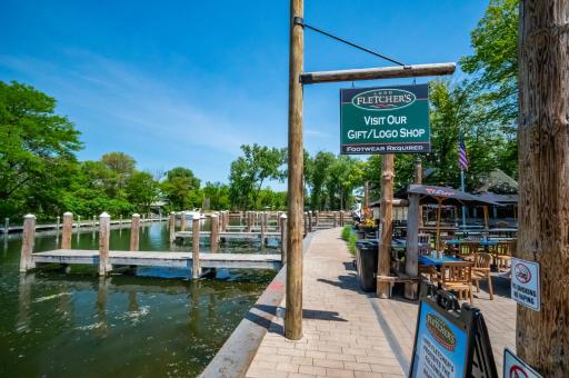 Marina and waterfront dining areas at Lord Fletcherâs with direct access to Lake Minnetonka.