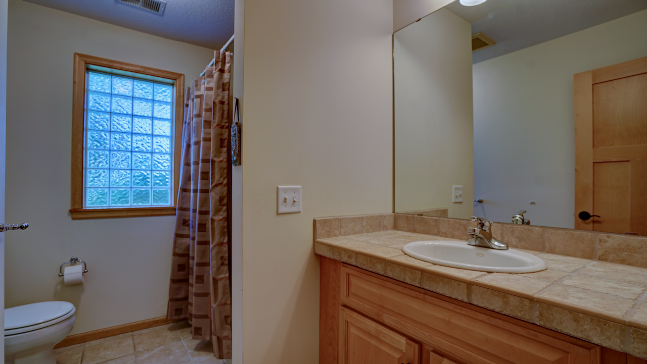 Spacious lower level full bath with shower, tiled vanity and full-length mirror.