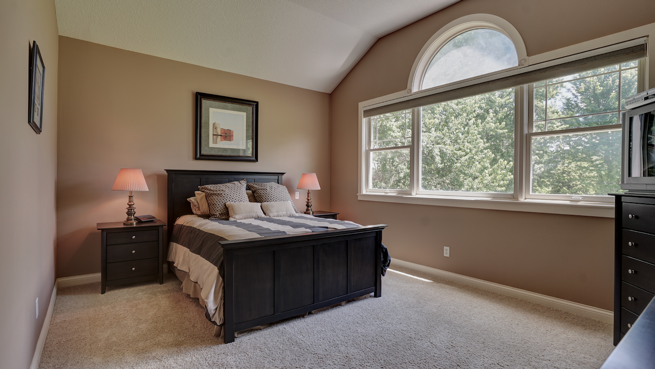 The vaulted primary suite overlooks the mature canopy through a wide picture window, with an eight-foot run of built-in wall closets, a separate walk-in, and a dual-vanity bath with a corner whirlpool tub and tiled walk-in shower.