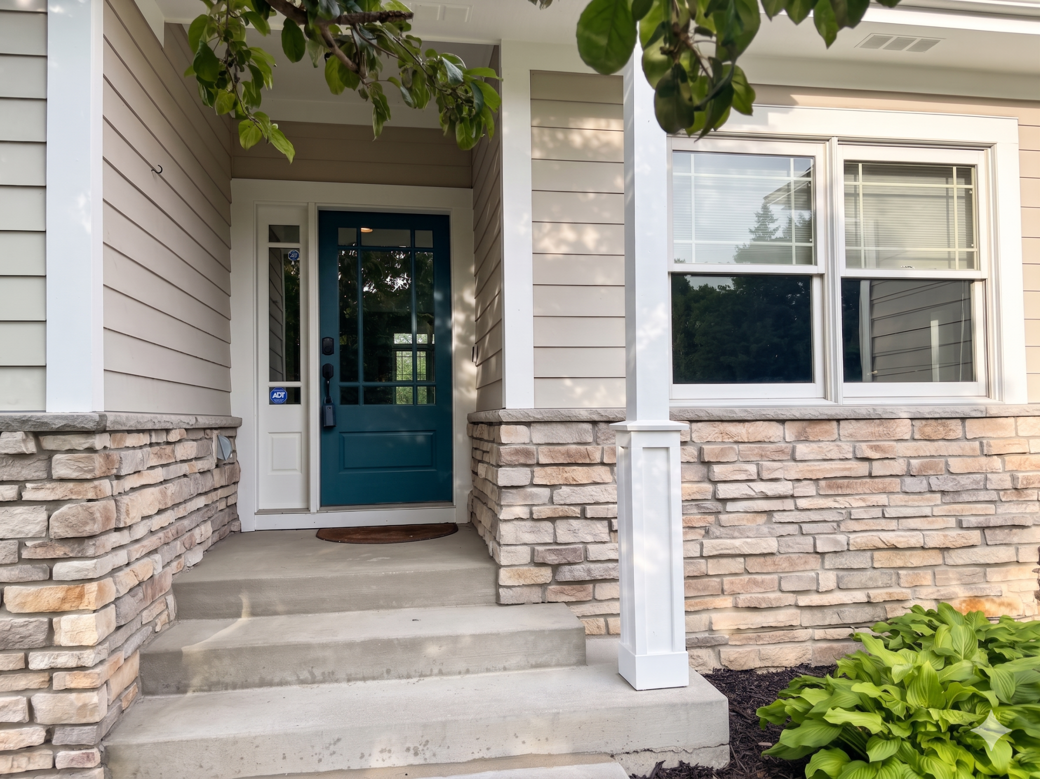 The deep, covered front porch features Craftsman-inspired stone pillars, providing a welcoming, shaded space to greet guests.