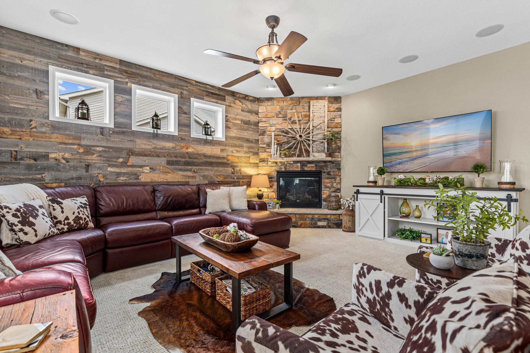 Gorgeous feature wall with corner fireplace.