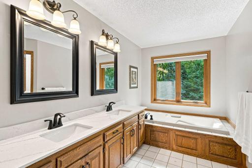 Primary bedroom with large sunk in bathtub