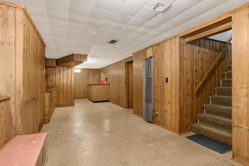 Classic, vintage details in the lower level family room, including bar area