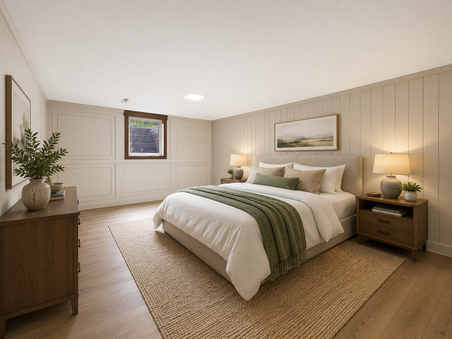 Virtually Staged as a bedroom & paneling on wall