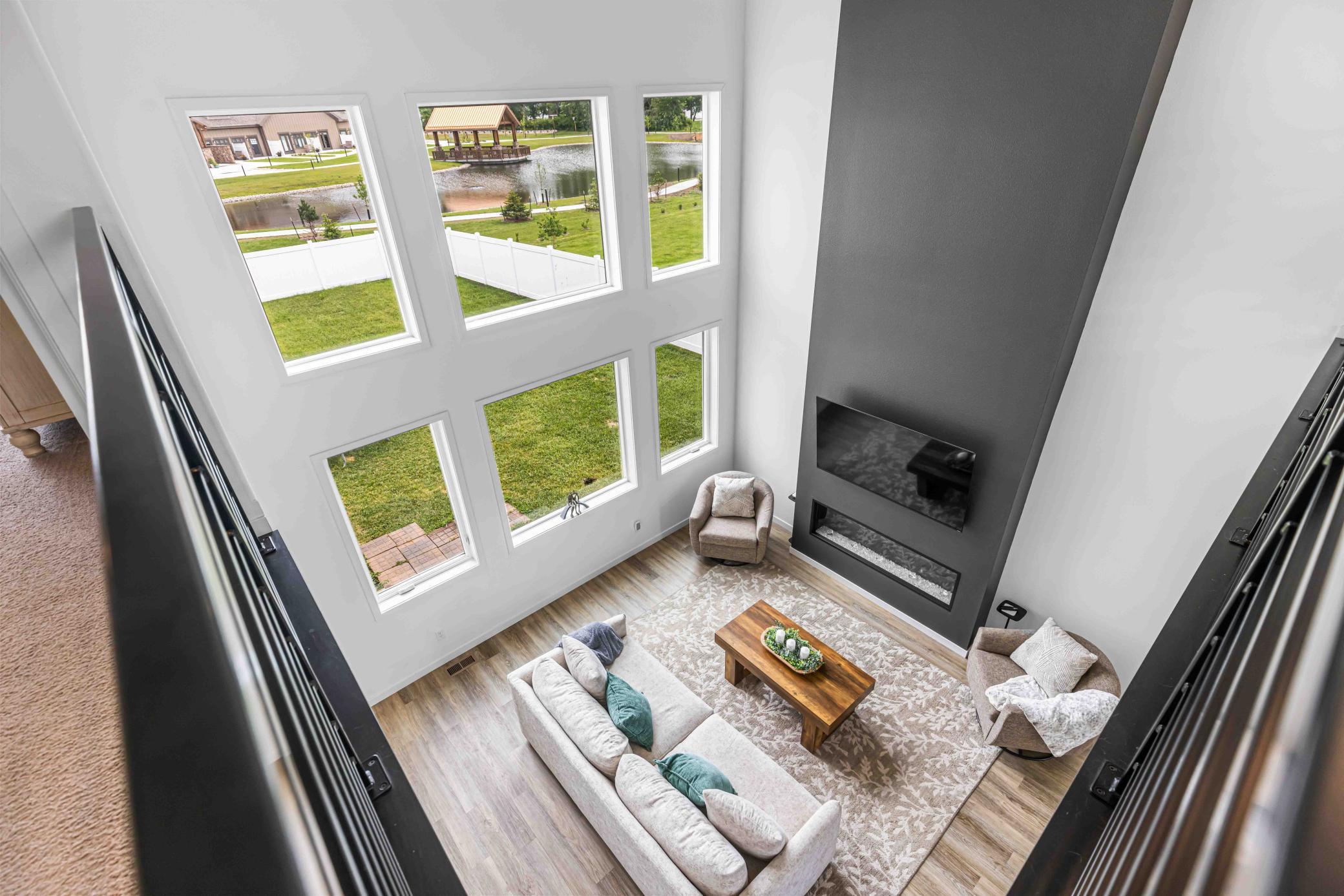 2nd floor view of main floor and pond