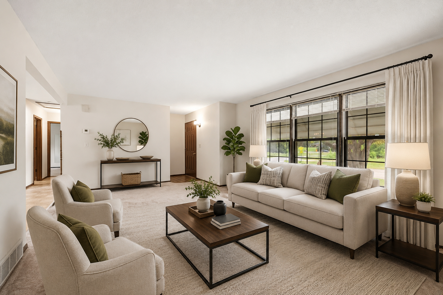 Spacious living room with large windows that fill the space with natural light. Virtually Staged.