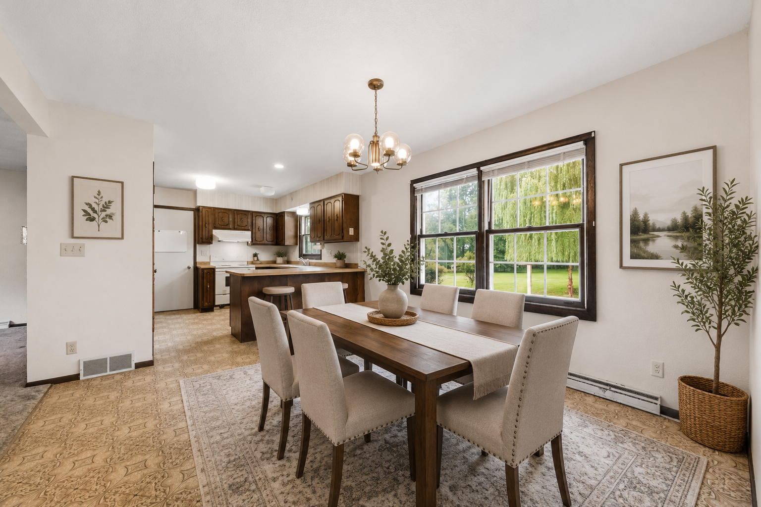 Dining area with great natural light and an open flow to the kitchen. Virtually Staged.