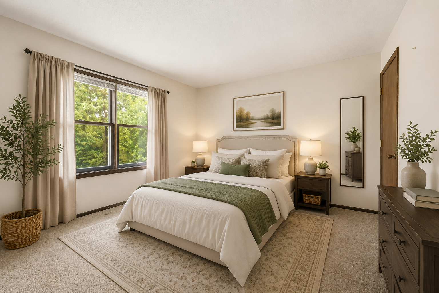 Cozy bedroom with a peacefull view and plenty of room to relax. Virtually Staged.