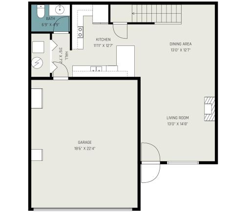 Main level floor plan showing attached garage, kitchen, dining area, living room, and half bath layout..jpg