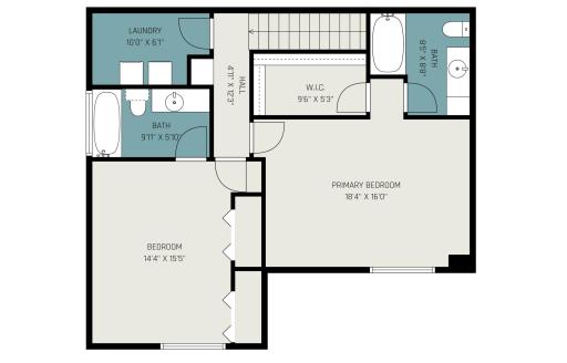 Upper level floor plan featuring two bedroom suites, two full bathrooms, and convenient laundry room..jpg