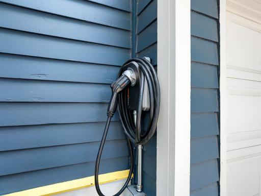 An EV charger is attached to the east of the garage door