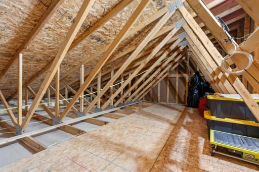 Massive bonus! A fully sheeted, heavily reinforced OSB storage deck complete with integrated overhead lighting that easily fits dozens of large holiday bins and off-season gear!