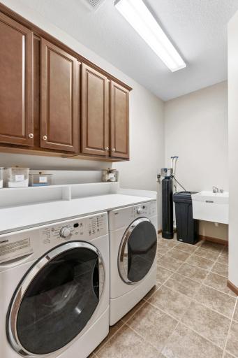 Main-level laundry room featuring a utility wash sink, ample upper cabinet storage, a professionally serviced water softener, and a custom wood folding topper panel. Also, doubles as the utility room, behind closet doors!