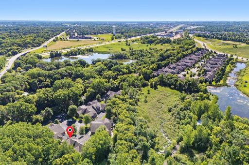 Spectacular aerial view showcasing this home's highly unique cul-de-sac setting, tucked quietly away from the neighborhood's main drive for maximum peace and privacy!