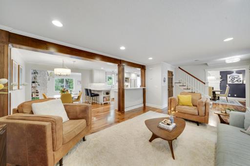 Open kitchen, dining and living room concept.