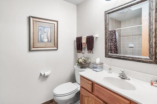 The lower-level full bathroom includes a single vanity and a tiled shower combination for added convenience.