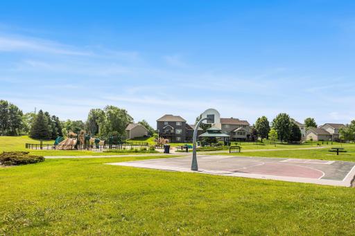 with half basketball court and horseshoe pit