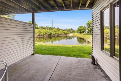 The covered walkout patio offers a shaded outdoor retreat with peaceful views of the pond and surrounding greenspace.