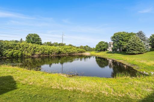 The backyard overlooks a scenic pond, creating a tranquil setting with open green space and attractive natural views.