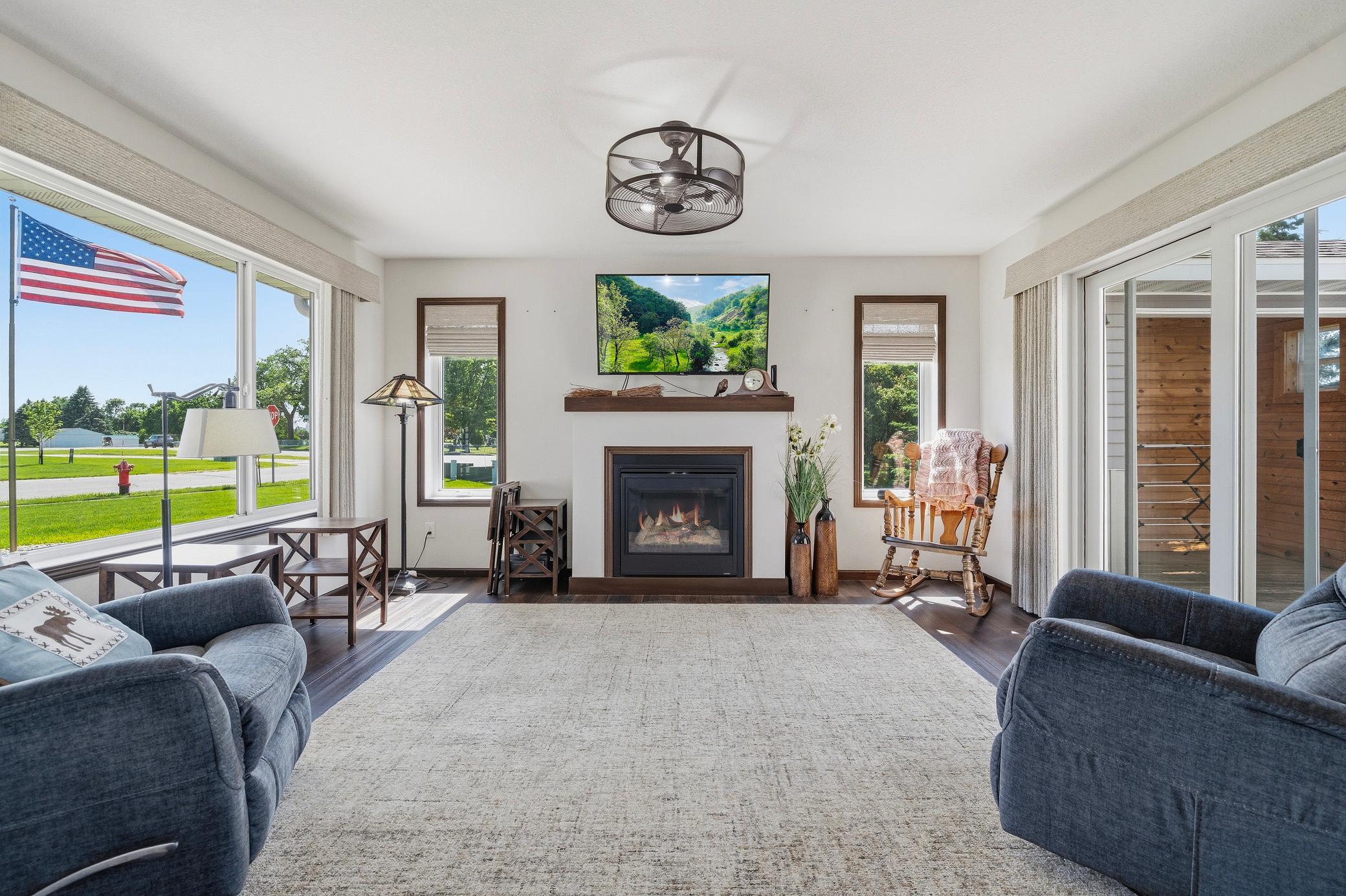 Sun room with gas fireplace