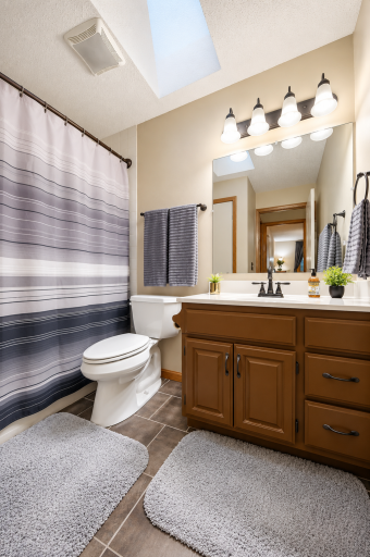 Bright bathroom featuring a skylight, tile flooring, and a convenient storage closet for added functionality.
