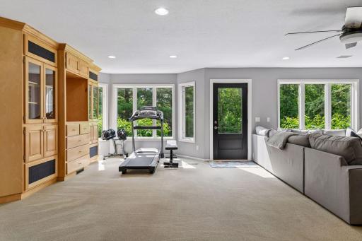 A bright lower-level recreation area with a wall of windows, walkout access, built-in cabinetry, and room for a home gym or flex use.