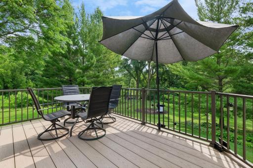 Maintenance free deck right off the backyard with completely private views