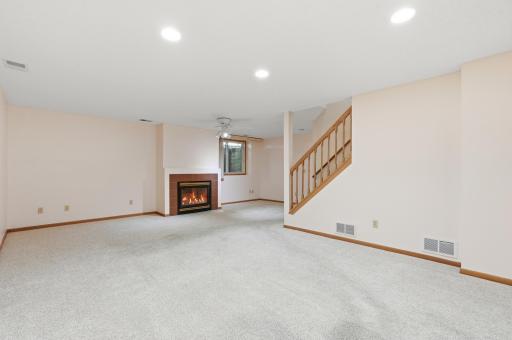 Spacious lower level family room with gas burning fireplace
