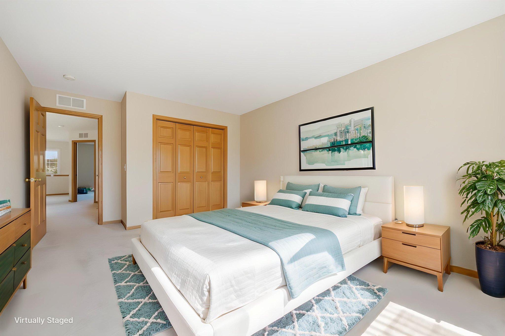 Another perspective of the bedroom, featuring updated furniture renderings to help envision the space with a refreshed, modern design.