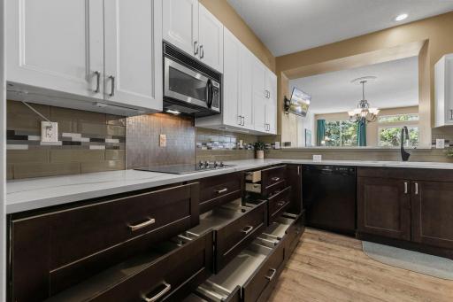 Base cabinets have deep pots and pans drawers with full-extension, soft-close slides