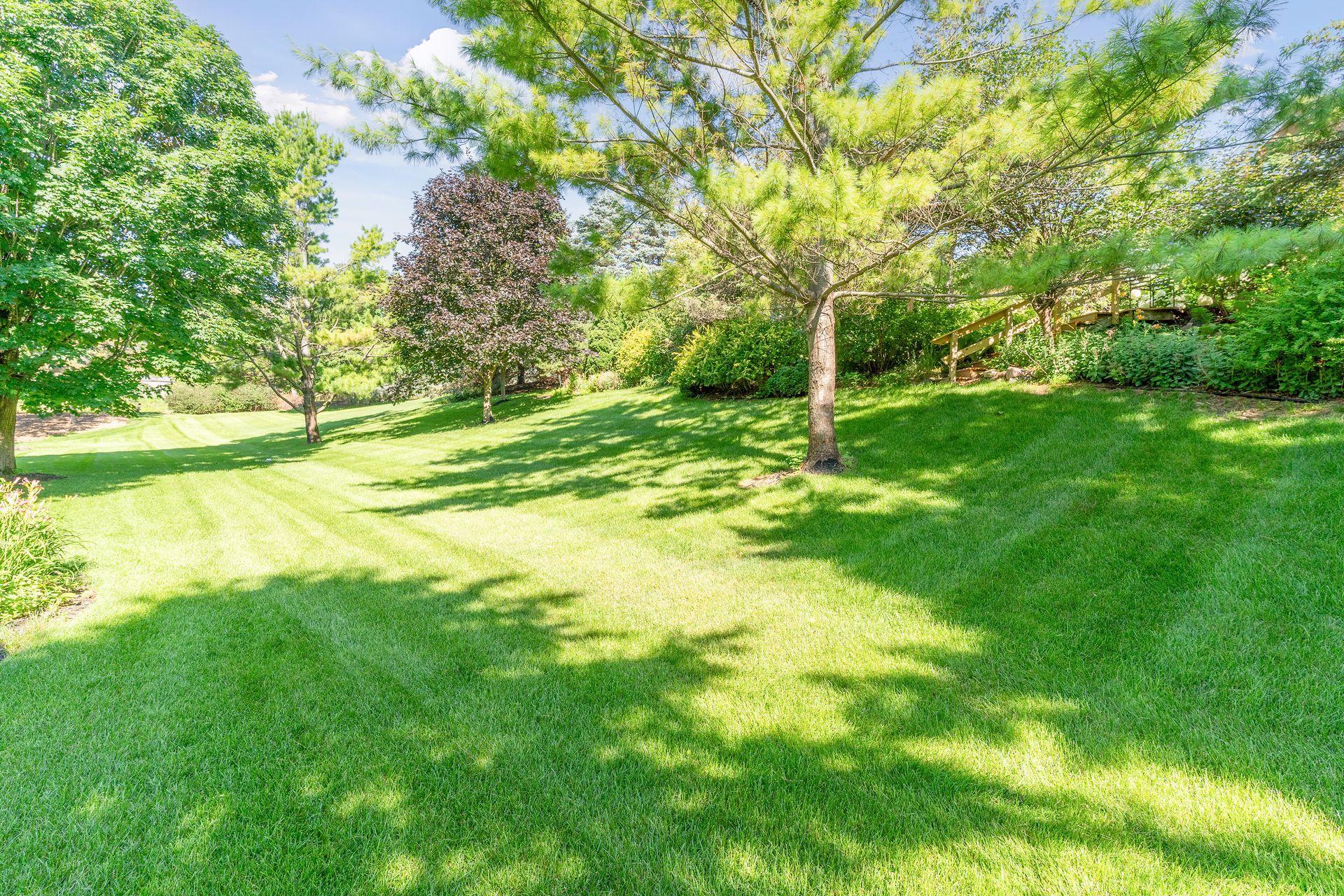 The expansive backyard combines beautifully designed gardens with a generous grassy area for a usable outdoor space.