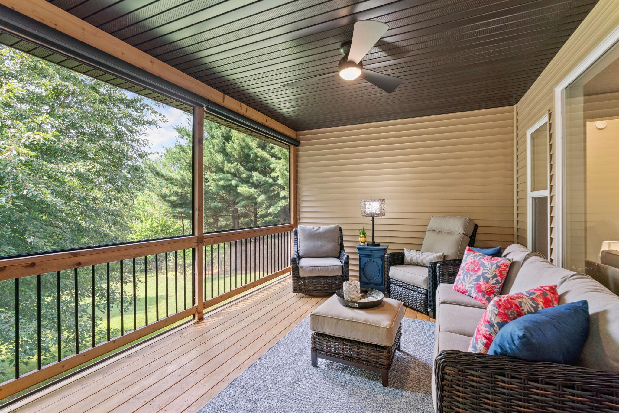 Oversized Screened 3-Season Porch w/ built-in privacy/sun shades & western sunset views