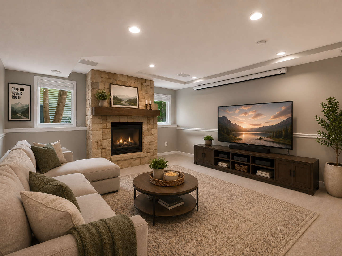 16x15 - Lower Level Media Room w/ Gas Fireplace