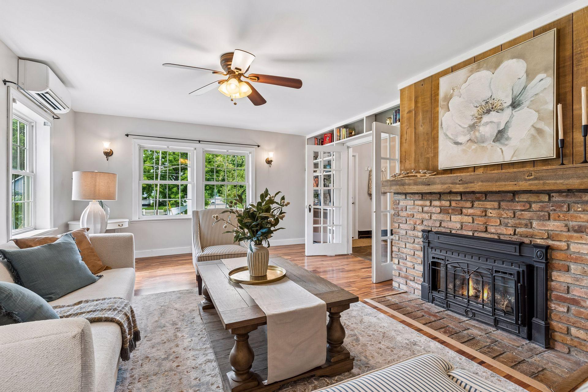 French doors and built-ins at the living room entrance