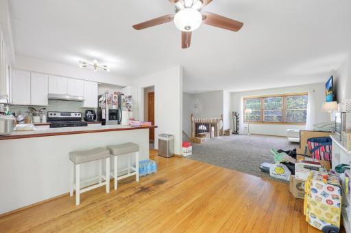 Ceiling fan in dining, sputnik light in kitchen