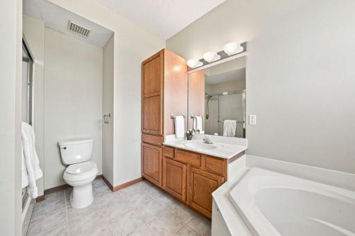 There is plentiful storage in the primary bath, too.