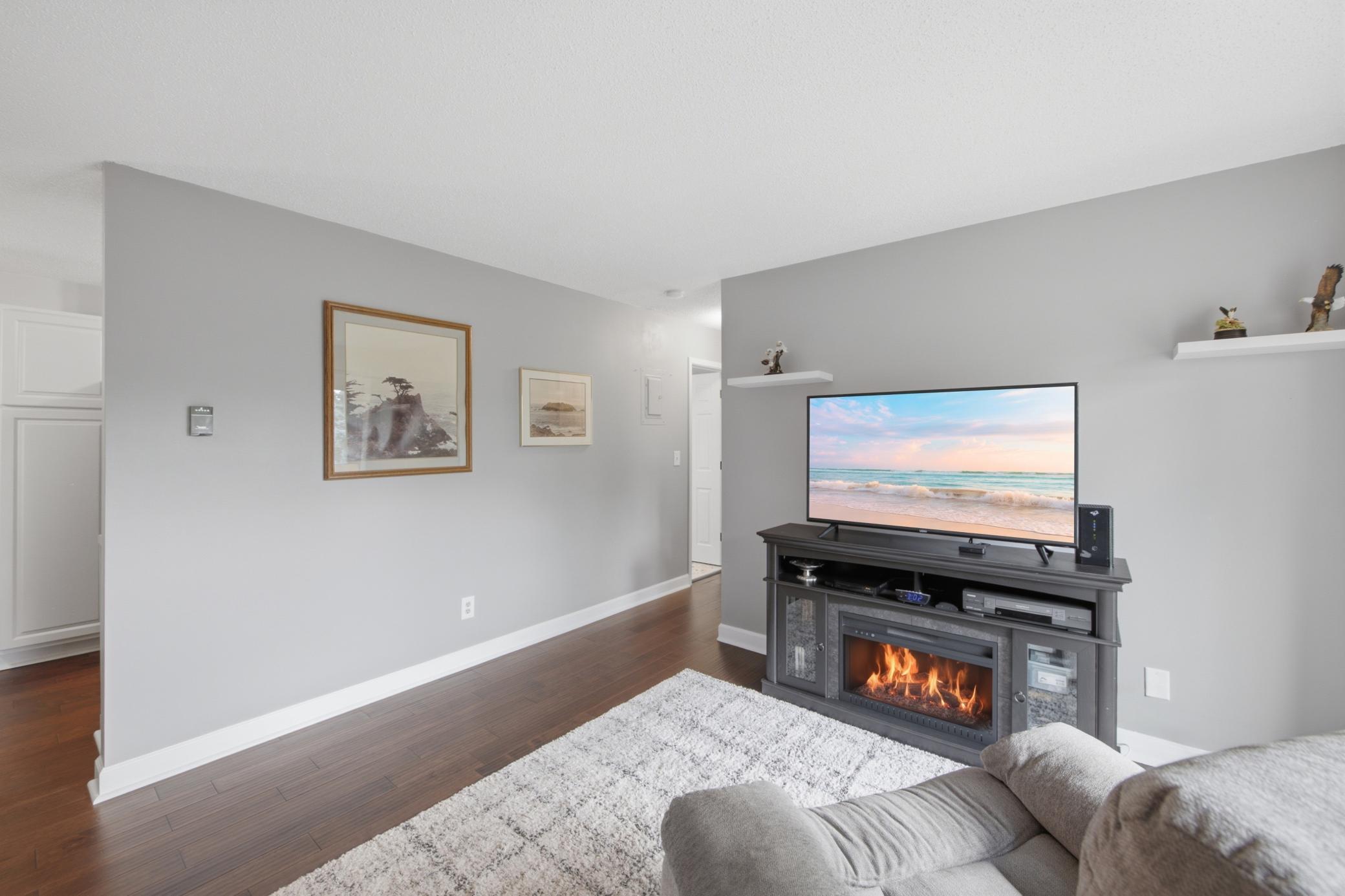 Another view of the living room. The kitchen is on the other side of the dividing wall. As the seasons change, the fireplace will chase away the winter chill.