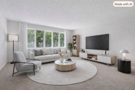Large living room with bank of windows overlooking the back yard. Virtually Staged.