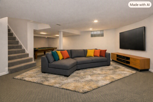 Spacious basement - virtually staged for billiards and a family room with sectional.