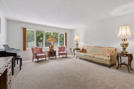 Large living room with bank of windows overlooking the back yard.