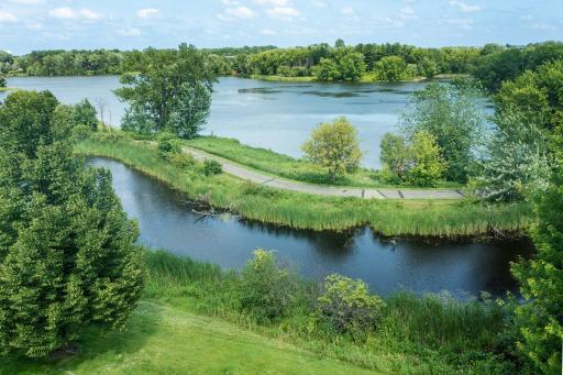 Aerial photo of the lake and the walking path.