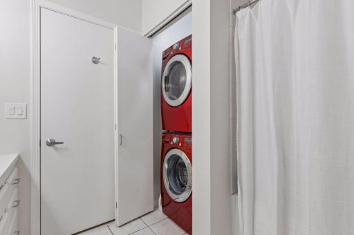 In unit laundry! These generous machines are welcome replacements! They are located in this closet next to the bathtub. Sewer and water are included in the dues.