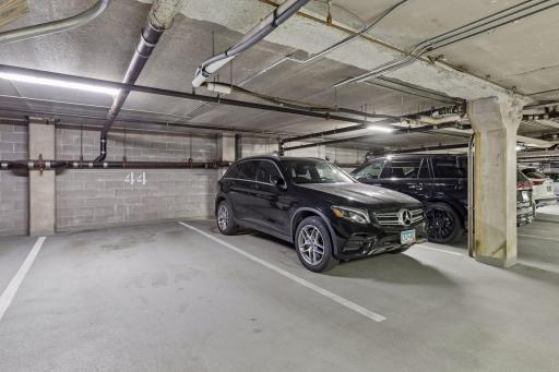 The stall with Unit 122 is #43 on garage level G2. The number is not shown for obvious reasons. It is very close to the elevator leading to the condo.
