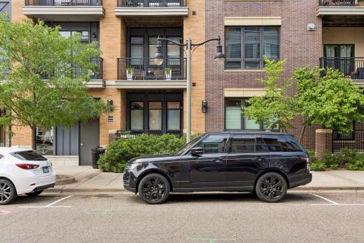 ONE of the MANY conveniences of main floor living - this is the owner's car right in front of #122. No guarantees, but the space is often open. There are plenty of other spaces along the street or park in the garage!
