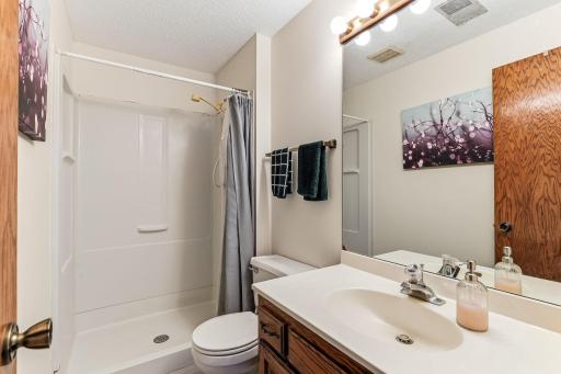 Lower-level 3/4 bath featuring a vanity and a walk-in shower.