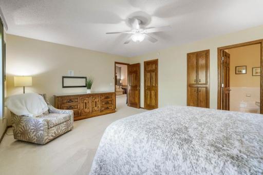 Main floor primary suite. Huge walk in closet, linen closet & private bath.