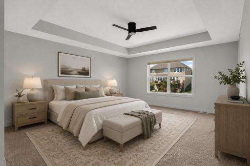 Large Primary Bedroom with tray ceilings (virtually staged)