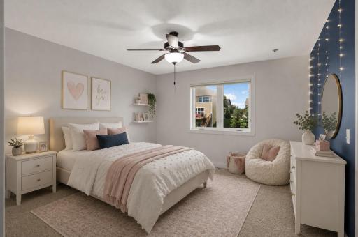 One of the two bedrooms that share the Jack and Jill bathroom (virtually staged bedroom).