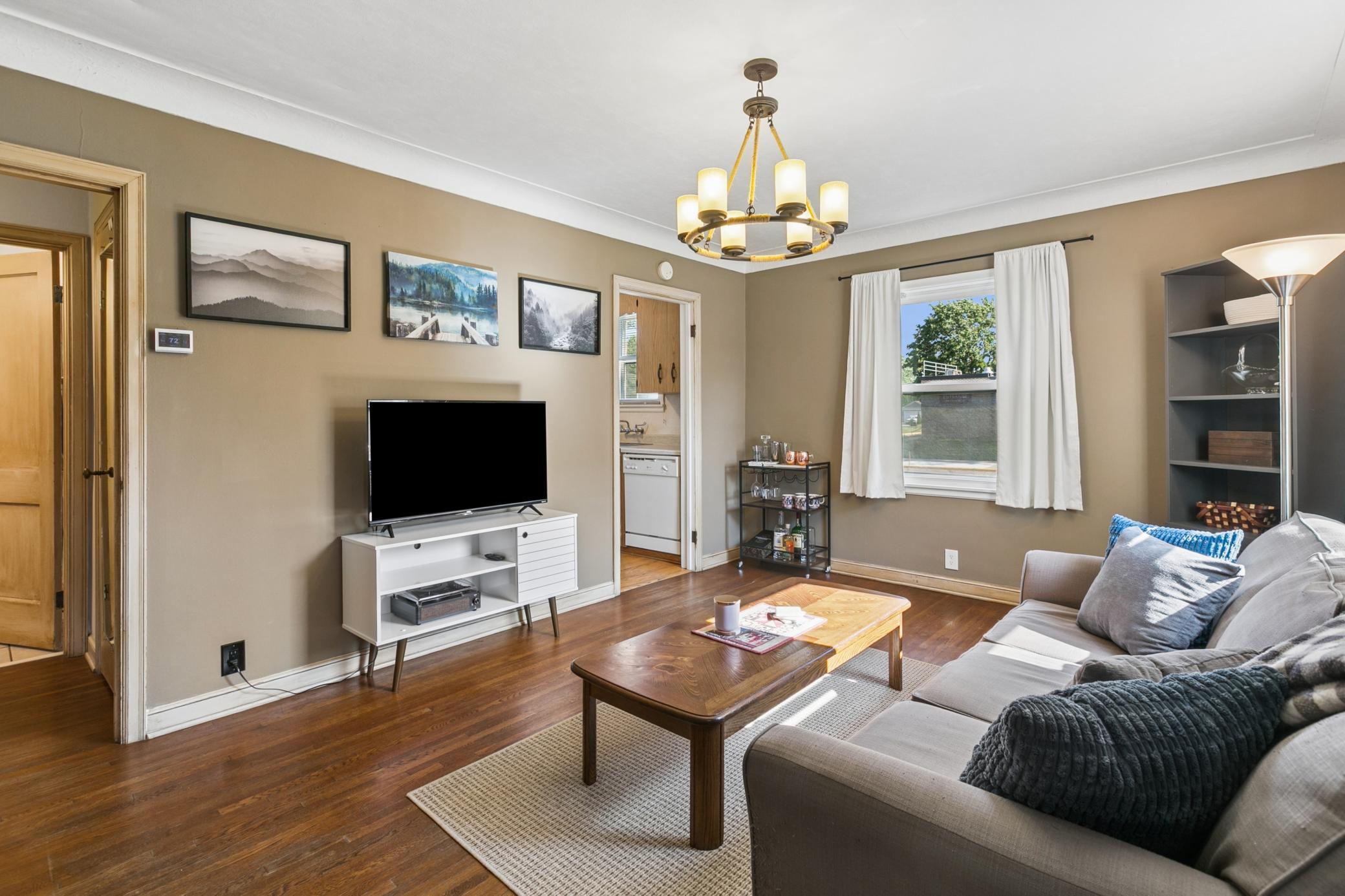 Great flow from kitchen to living spaces. A door separates the hall and bedrooms for privacy and quiet. Hallway linen/coat closet keeps these spaces tidy.